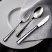 A white plate with a Sola stainless steel salad fork on it.