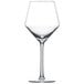 A close up of a clear Schott Zwiesel Pure Beaujolais wine glass with a long stem.