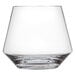 A close up of a Schott Zwiesel stemless wine glass with a curved edge on a white background.