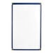 A white board with blue trim holding a white sheet with blue and gold trim.