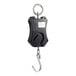 A digital hanging scale with a black body and metal hook and ring.