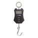 A black electronic AvaWeigh digital hanging scale with hooks and a screen.