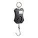 A black digital hanging scale with a metal hook and ring for weighing items.