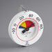 A white round Comark HACCP freezer wall thermometer with a red, yellow, and blue dial.