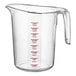 A clear plastic Choice measuring cup with red graduations.