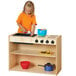 A young girl playing with a Young Time natural wood toy kitchen.