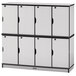 A Rainbow Accents double stack black and gray laminate locker with eight doors.
