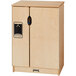 A Jonti-Craft toddler kitchen refrigerator, a wooden cabinet with a door.