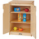 A Jonti-Craft wooden toddler kitchen refrigerator with food items on shelves.