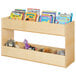 A wooden book browser with books and stuffed animals on shelves.