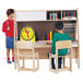 Two children using a Jonti-Craft wood twin activity center with chairs.