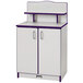 A white and purple kitchen cabinet with two doors.