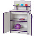 A purple and white Rainbow Accents toy kitchen cabinet with a cupboard and teacups inside.