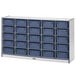 A Rainbow Accents navy storage cabinet with blue bins.