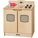 A Jonti-Craft wooden toddler kitchen stove with two pans on top.