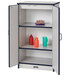 A blue Rainbow Accents metal storage cabinet with shelves.