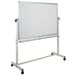 A whiteboard with a metal frame on a mobile stand.