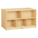 A Jonti-Craft wooden mobile storage island with shelves.