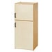 A natural wood Young Time play refrigerator with two doors and black handles.