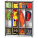 A black and white Rainbow Accents coat locker with various items stored inside, including backpacks and jackets.