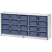 A close-up of a blue drawer with a white handle in a white and blue Rainbow Accents storage unit.