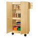 A Jonti-Craft mobile wooden hideaway storage cabinet with shelves and drawers.