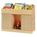 A Jonti-Craft wooden bookshelf with a fireplace and books.