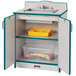 A Rainbow Accents teal kitchen sink with plastic containers in a cabinet.