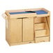 A Jonti-Craft wooden changing table with a blue top and shelves.