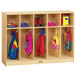A Jonti-Craft toddler-height wooden locker with coats and bags inside.