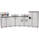A navy kitchen set with white and gray accents including a refrigerator, sink, and stove.