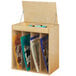 A natural wooden Young Time big book easel with books on it.