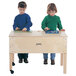 A boy and girl playing with a Jonti-Craft mobile wood sensory table.