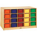 A Jonti-Craft wooden storage island with many colored bins on both sides.