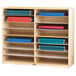 A Jonti-Craft wooden storage cabinet with shelves holding different colored folders.