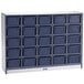 A navy blue Rainbow Accents storage cabinet with many cubbies.