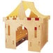 A Jonti-Craft wooden castle playhouse with a yellow tent roof.