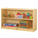 A Jonti-Craft wooden storage cabinet with open shelves holding toys and books.
