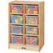 A Jonti-Craft wooden storage unit with plastic bins.