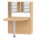 A Jonti-Craft wooden kids table with a shelf holding plastic paper trays.