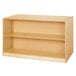 A Jonti-Craft wooden mobile storage island with shelves on both sides.