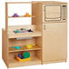 A Jonti-Craft wooden mobile kitchen play set with a sink, microwave, and refrigerator.