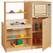 A wooden Jonti-Craft toy kitchen with a microwave and refrigerator.