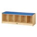 A wooden bench with a blue cushion.