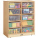 A Jonti-Craft wooden storage cabinet with clear plastic bins on shelves.