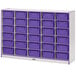 A white and purple Rainbow Accents mobile storage unit with purple bins on a white shelf.