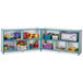 A Rainbow Accents teal laminate storage cabinet filled with toys on shelves.