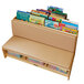 A Jonti-Craft wood corner literacy nook with a book display, books, and clear plastic tubs.