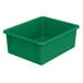A green plastic tub for classroom storage.