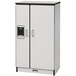 A black Rainbow Accents kitchen refrigerator with white cabinets and handles.